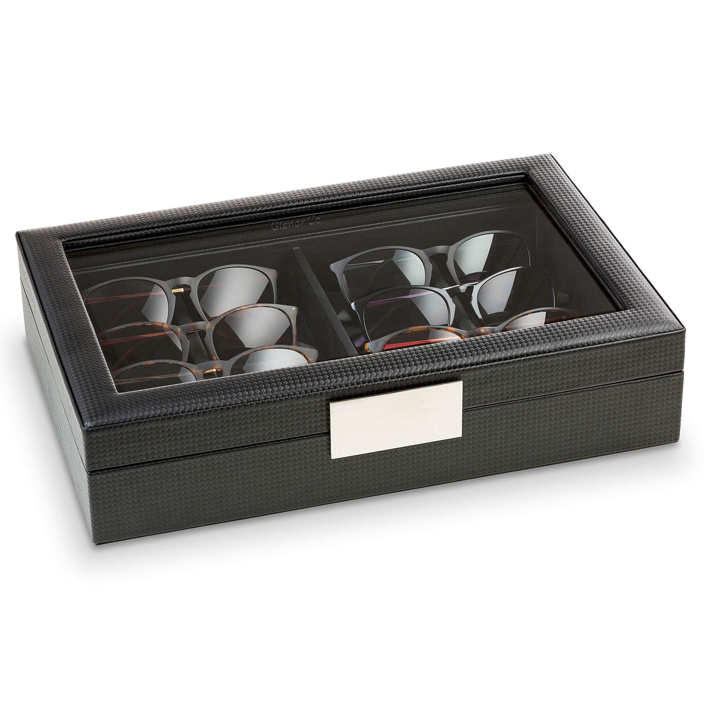 Glenor Co Sunglasses Organizer Case - 8 Slot Storage Holder to display Sunglass/Eye Glasses - Modern Box with Clear Glass Top and Metal Buckle for Men and Women - Carbon Fiber Leather Design - Black