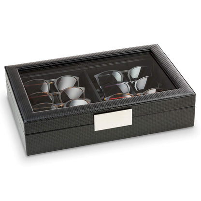 Glenor Co Sunglasses Organizer Case - 8 Slot Storage Holder to display Sunglass/Eye Glasses - Modern Box with Clear Glass Top and Metal Buckle for Men and Women - Carbon Fiber Leather Design - Black