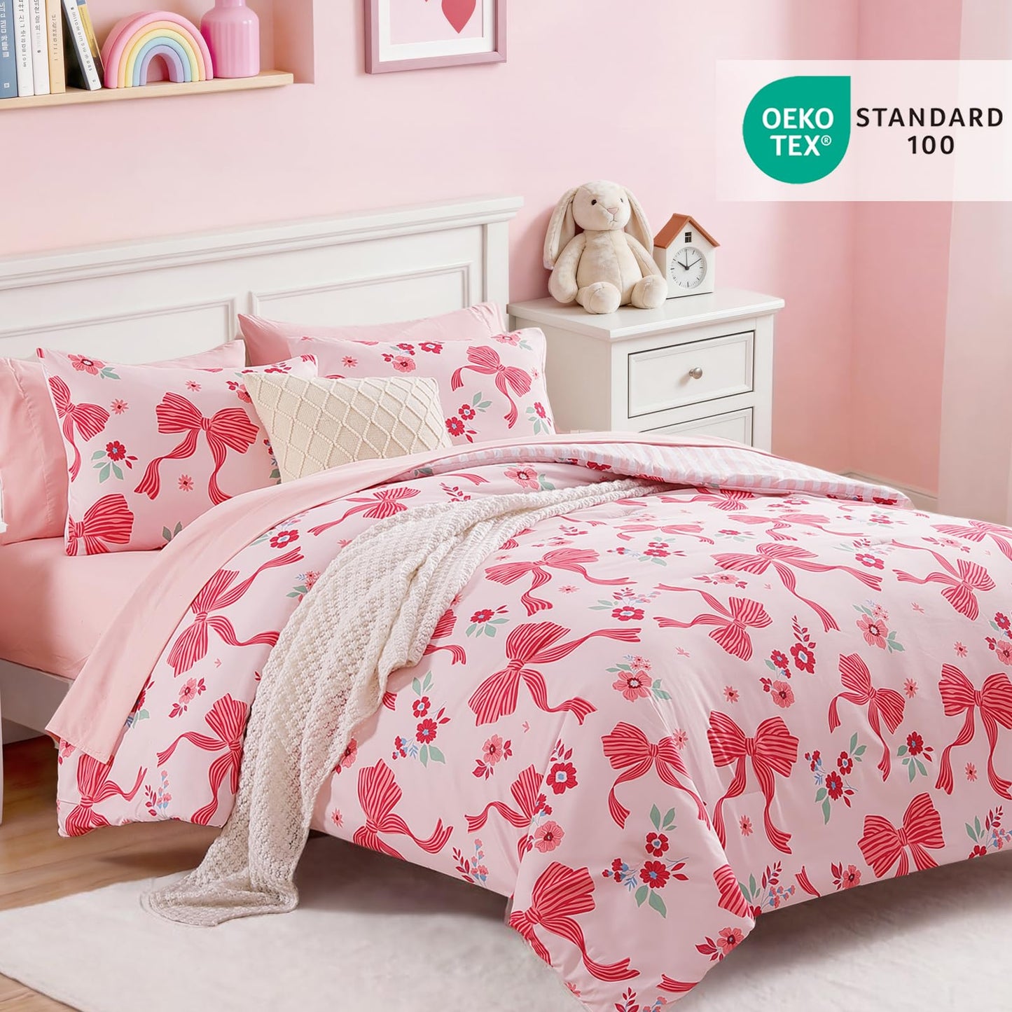 AMBERSPACE Twin XL Comforter Set for Girls, Pink Bow Bedding Set with Cute Floral, All Season Kids Dorm Bed in a Bag 5 Pieces with Sheets, Pillowcase & Sham