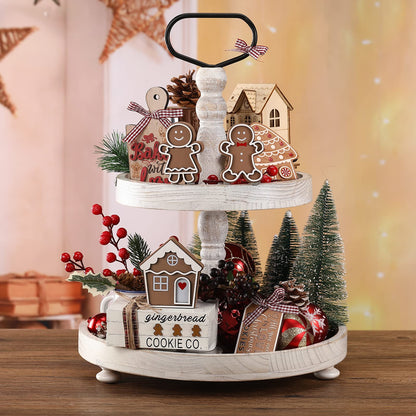 Jetec 6 Pcs Christmas Gingerbread Table Decor Wooden Xmas Gingerbread House Signs Farmhouse Tiered Tray Decor Rustic Mini Book Wood Block Centerpiece Decorations for Home Office Desk Shelf Party Gift