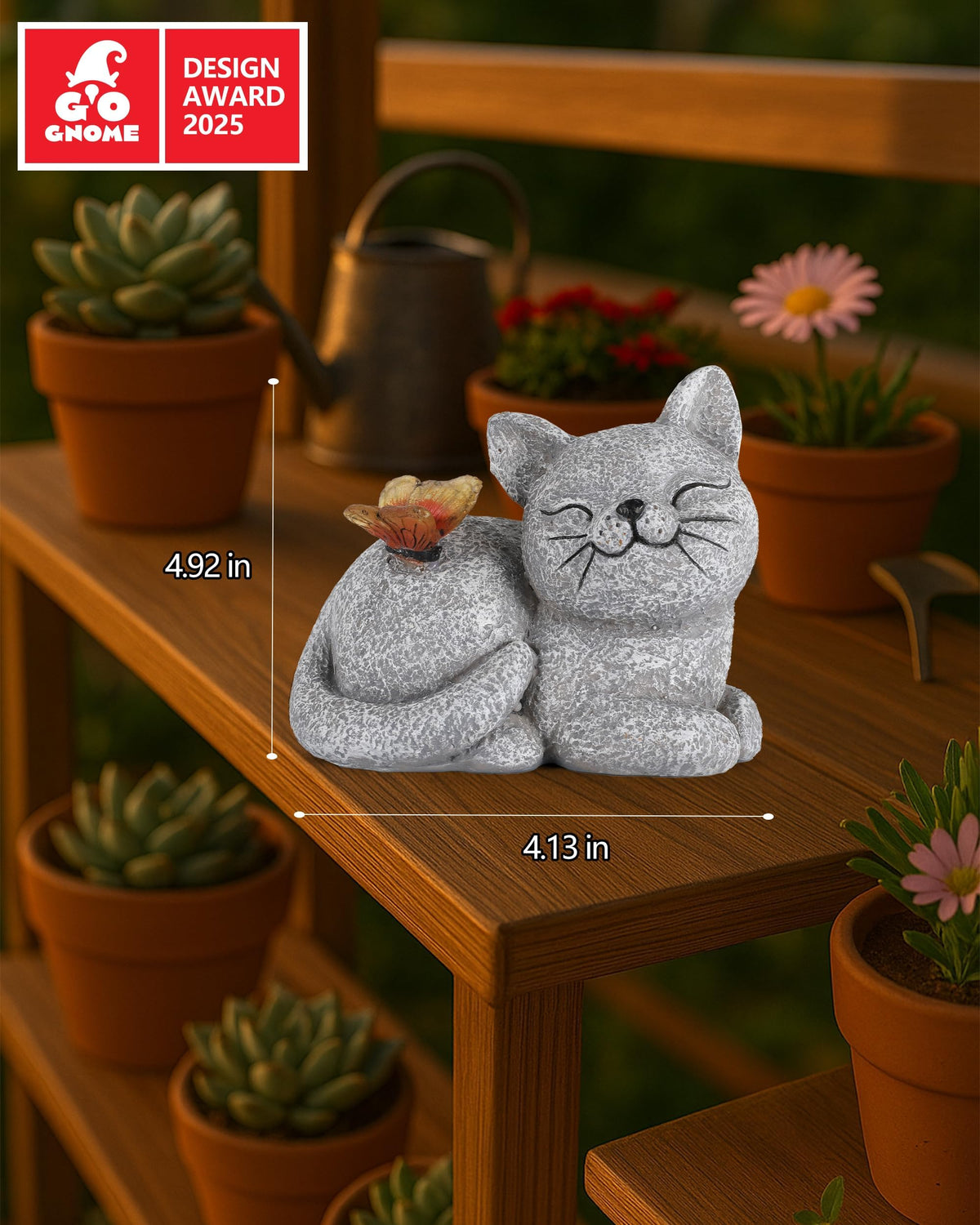 GoGnome Solar Cat Garden Statue with Butterfly Light – 5-Inch Outdoor Resin Figurine for Yard, Patio, Balcony – Gifts for Women, Garden Decor Accent (Cat)