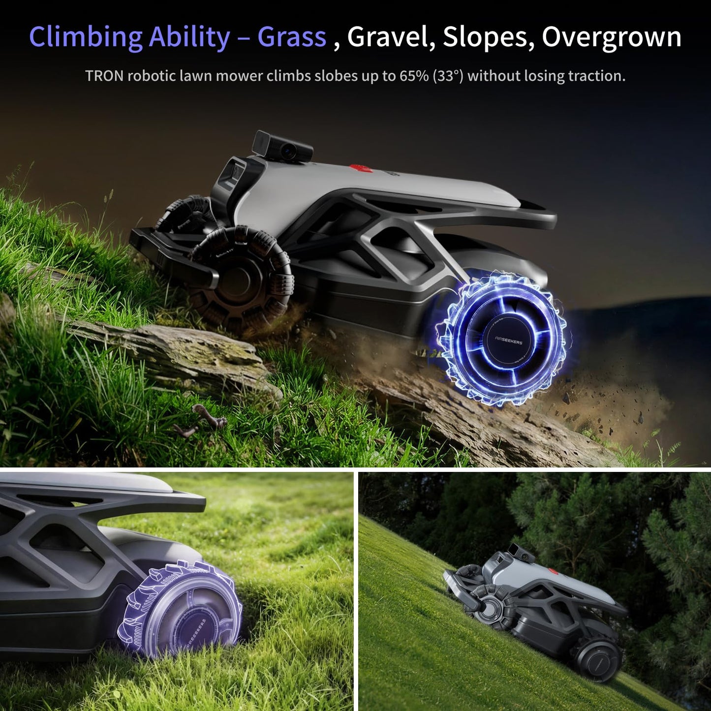 AIRSEEKERS TRON Robot Lawn Mower 1 Acres, NRTK + 5 Vision Wire-Free Robotic Lawnmowe,AI Obstacle Avoidance, No Perimeter Wire,App Control,Automatic MAPE,65% Slope, All-Terrain Mowing,IPX6 Waterproof