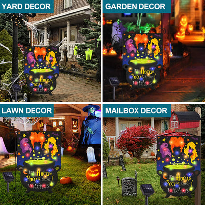 Solar Halloween Lighted Garden Flag for Outside It's Hocus Pocus Time Witches Flags for Patio Lawn Outside Halloween Decorations Garden Decor (12 * 18)