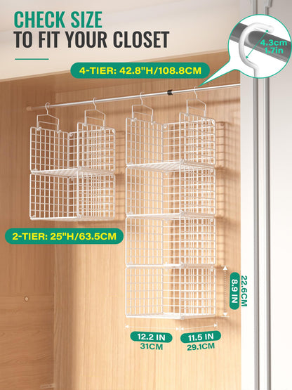 Orapoke Hanging Closet Organizer, 4 Tier Metal Closet Organizers and Storage with 4 Hanging Hooks 4 S-Hooks for Wardrobe Laundry Room, Wire Storage Shelf for Clothes Sweaters Pants (White)
