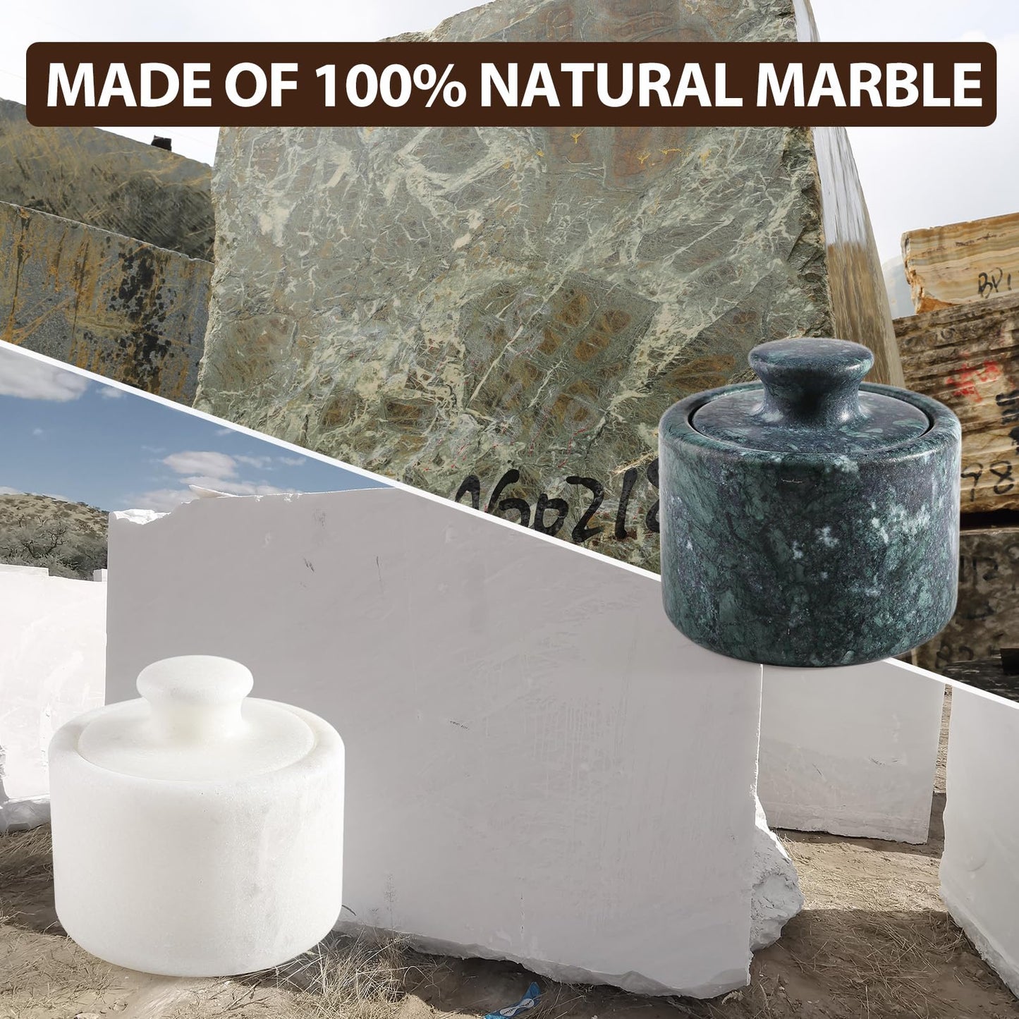 Koville Marble Salt Cellar White and Green Salt Holder with Lid for Kitchen Table Décor, Elegant Modern Handcrafted Seasoning Container for Countertop, Salt and Pepper Holder & Coffee Beans Storage