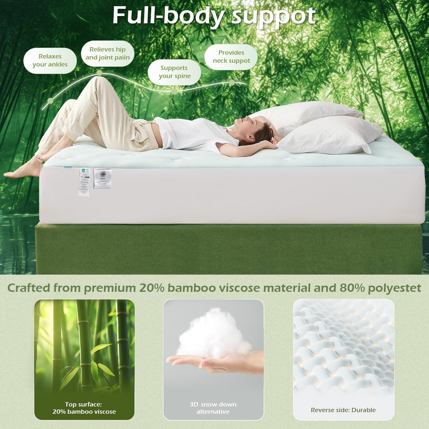 Hansleep Twin XL Mattress Pad Topper College Dorm Memory Foam, Twin XL Foam Mattress Topper Viscose Derived from Bamboo, Twin XL Size Bed Mattress Pad Cover for Back Pain Relief, 39" x 80", White