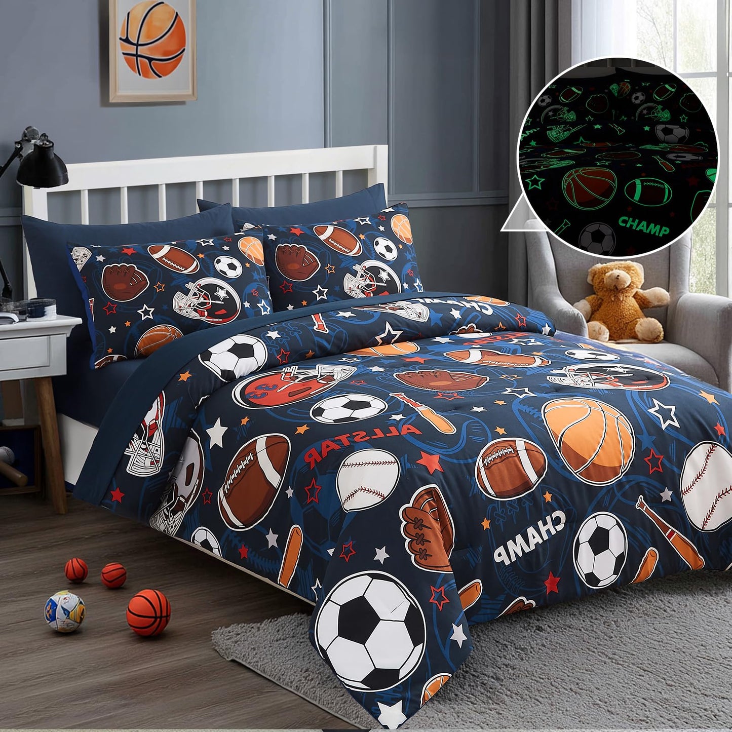 Wink Deer Full Size Comforter Set for Boys-7 Pieces Sports Ball Games Glow in the Dark Full Bedding Sets for Kids, Ultra Soft Bed in A Bag with Sheets