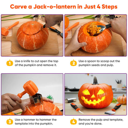 NFEVER Pumpkin Carving Kit Tools: 30PCS Pumpkin Carving Tools Set includes 22 Stainless Steel Stencils & Hammer & Spoon & Carve Knife & Candles - 2025 Halloween Gifts for Kids Safe DIY Decorating Kit