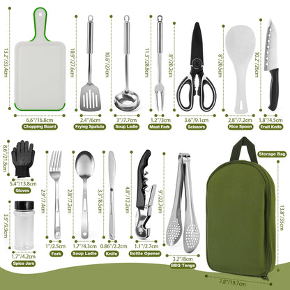 ONLYFIRE OUTDOOR LIVING Portable Camping Utensil Set, 16 Piece Cookware Kit, Outdoor Cooking and Grilling Utensil Organizer Travel Set Perfect for Picnic, RV, Tailgating, Camping, Hiking, CT606