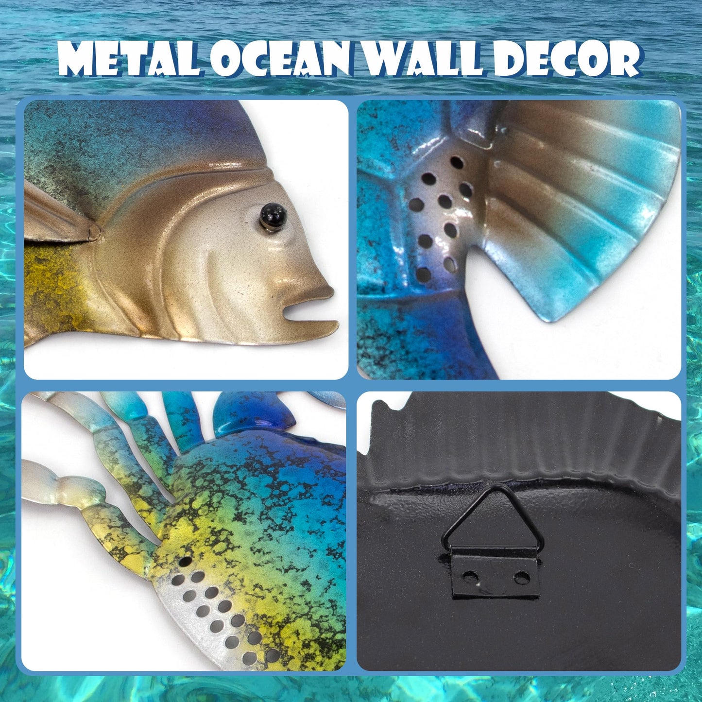 YNGFIL Metal Fish Seahorse Crab Beach Theme Wall Art, 10 Inch Set of 3 - Suitable for Outdoor Patio, Garden, Balcony, Pool and Indoor Bathrooms, Coastal Rooms
