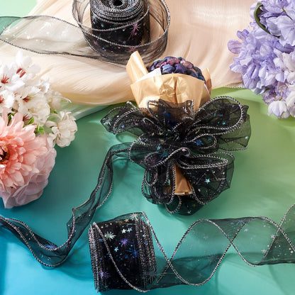 Beadthoven 20 Yards Organza Ribbon Black 2-1/8 inch Iridescent Glitter Star Print Sheer Ribbon Tulle Fabric Mesh Ribbons for Gift Wrapping, Bows, Floral Bouquets, DIY Crafts, Wedding, Party