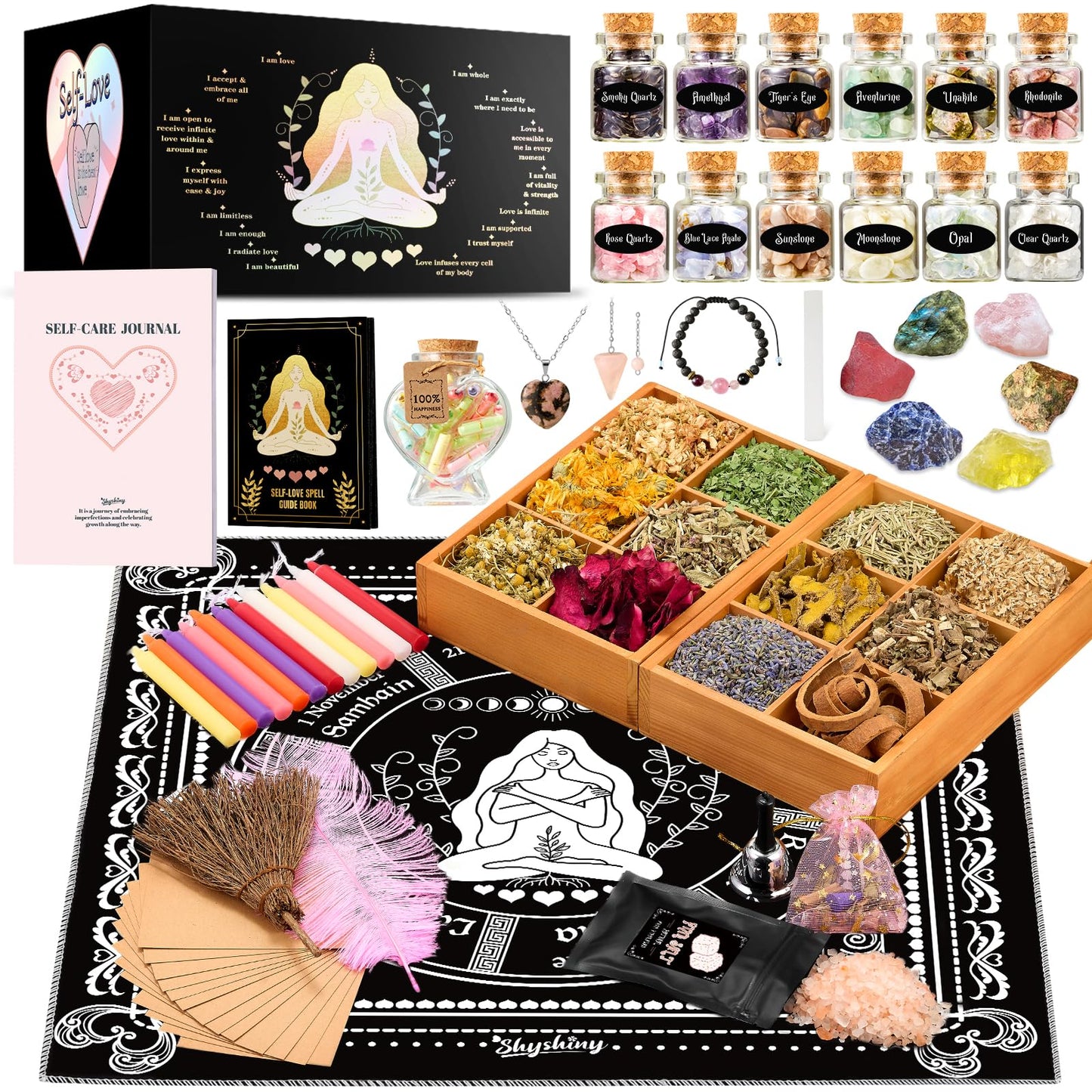 SHYSHINY Self-Love Witchcraft Supplies Kit, 75Pack Wiccan Supplies and Tools with 30+ Positive Messages Capsule Bottle, Self-Love Spell Kit with Self-Care Journal Workbook Witchy Gifts for Women