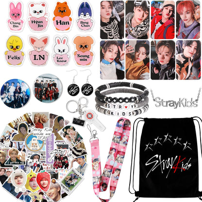 Japior Stray Kids Gifts Set,Including Drawstring Bag, 8 Cartoon Badges,50 Stickers,8 Photocards,3 Themed Bracelets, Necklace,Earrings, Keychain,Straykids Lanyards for Fans