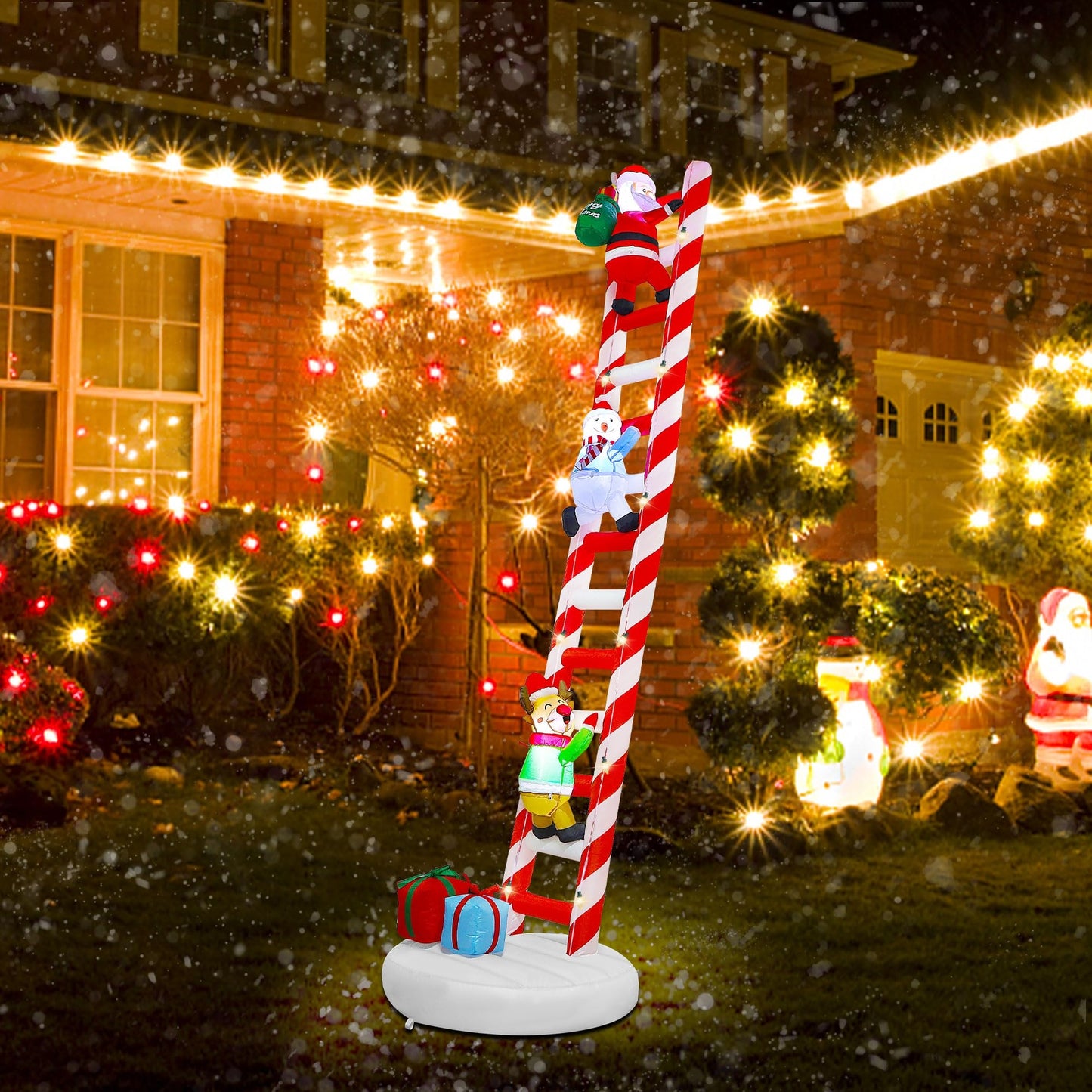 Joliyoou 10FT Christmas Inflatable Decorations, Giant Lighted Ladder Blowups Climbed with Reindeer, Santa, Snowman, C7 String Lights for Xmas Winter Holiday Roofs Trees Balconies Decor