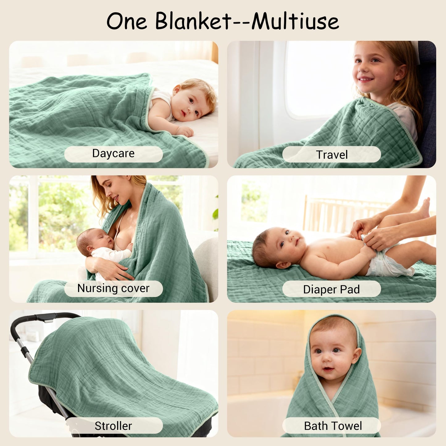 ZPECC Muslin Toddler Blanket Thicker, 47x47 Organic Cotton Kids Quilt Hypoallergenic for Baby Essentials Crib Stroller Daycare Cot, Sage Green