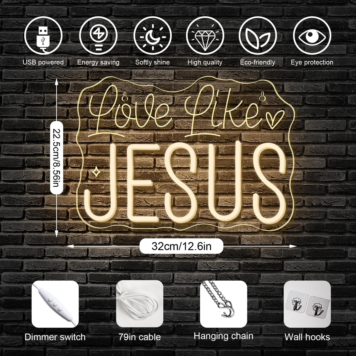 Horseneon Love Like JESUS Neon Sign - Scripture LED Wall Decor for Churches, Home Altars & Christian Gifts, USB-Powered Adjustable Brightness, Faith-Based Lighting