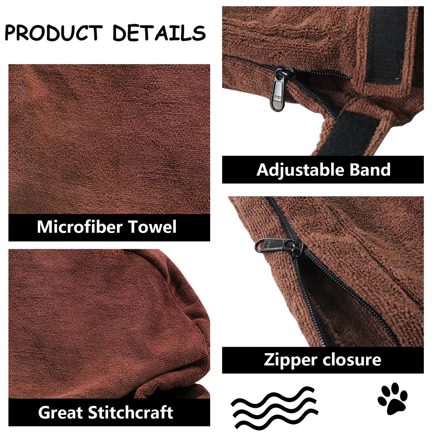 Geyecete Premium Microfiber Dog Towel with Loop Neck Strap - Large, Medium, Small Dog Drying Bag - Brown - S Plus