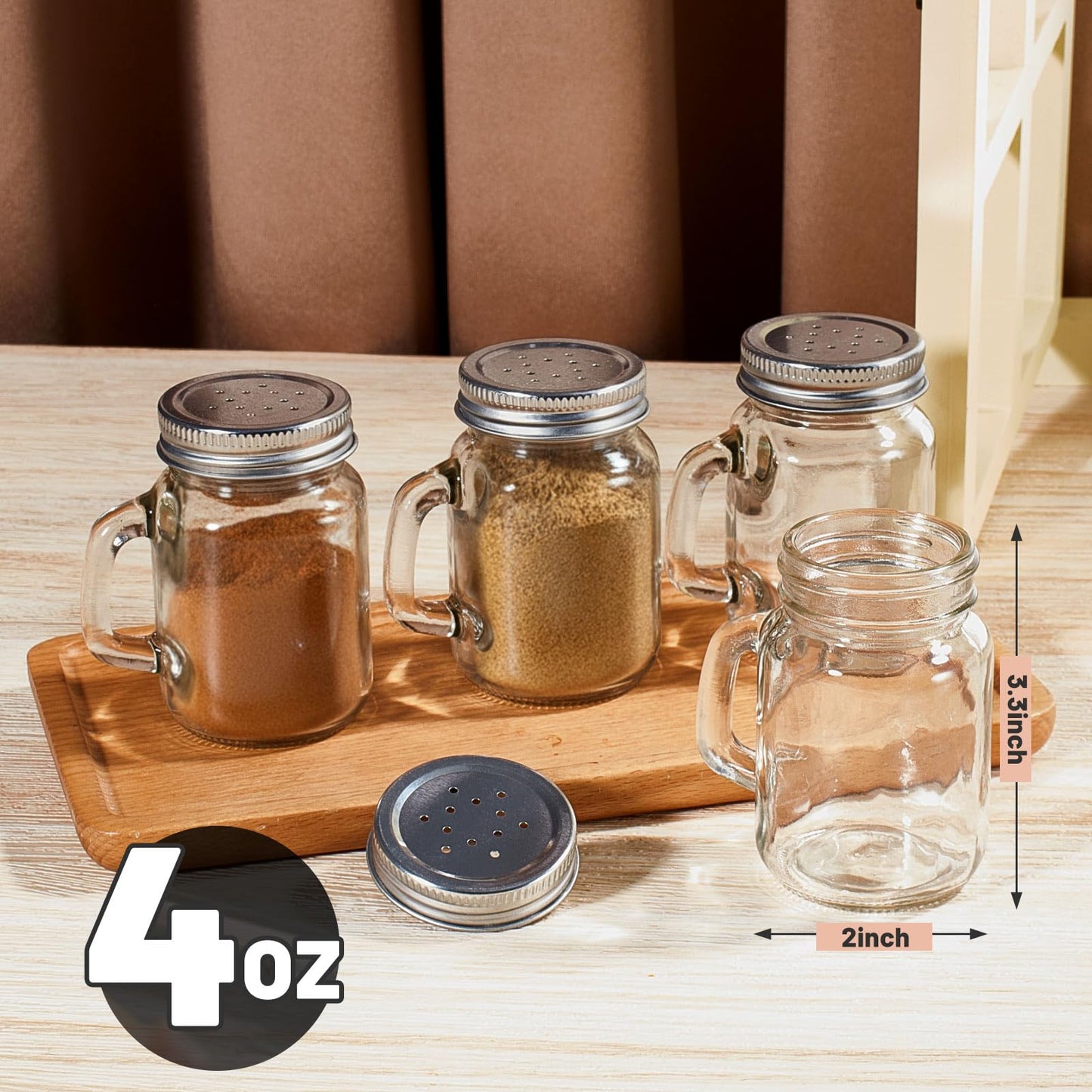 Tessco for you 6 Pcs 4 oz Glass Salt and Pepper Shakers Clear Mason Jar Mini Salt Shakers for Farmhouse Kitchen with Metal Lid and Handles for Kitchen Table Wedding Drinkware Home Accessories(Silver)