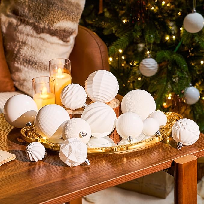 JORNOY Christmas Tree Ornaments Set, 47 Pack Assorted Shatterproof Hanging Balls Decorations, Plastic Bulbs Bulk with Lanyard for Home Holiday Party Decor, 3-Sizes (Pure White)