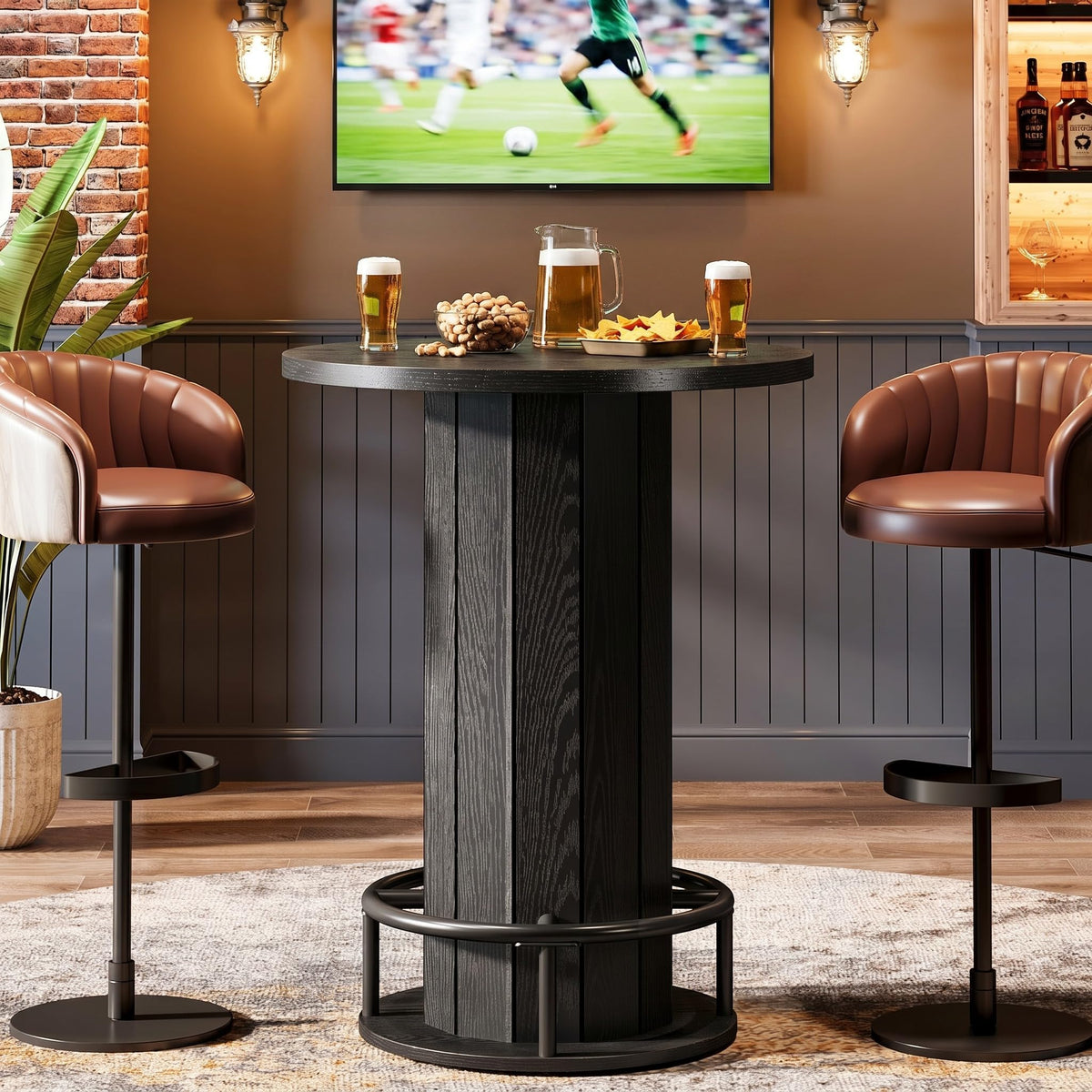 Tribesigns Round Bar Table, 39.4" H Wood Bistro Pub Table with Metal Ring Footrest for Dining Coffee Cocktail Living Room, Small Space, Black (Only Table)