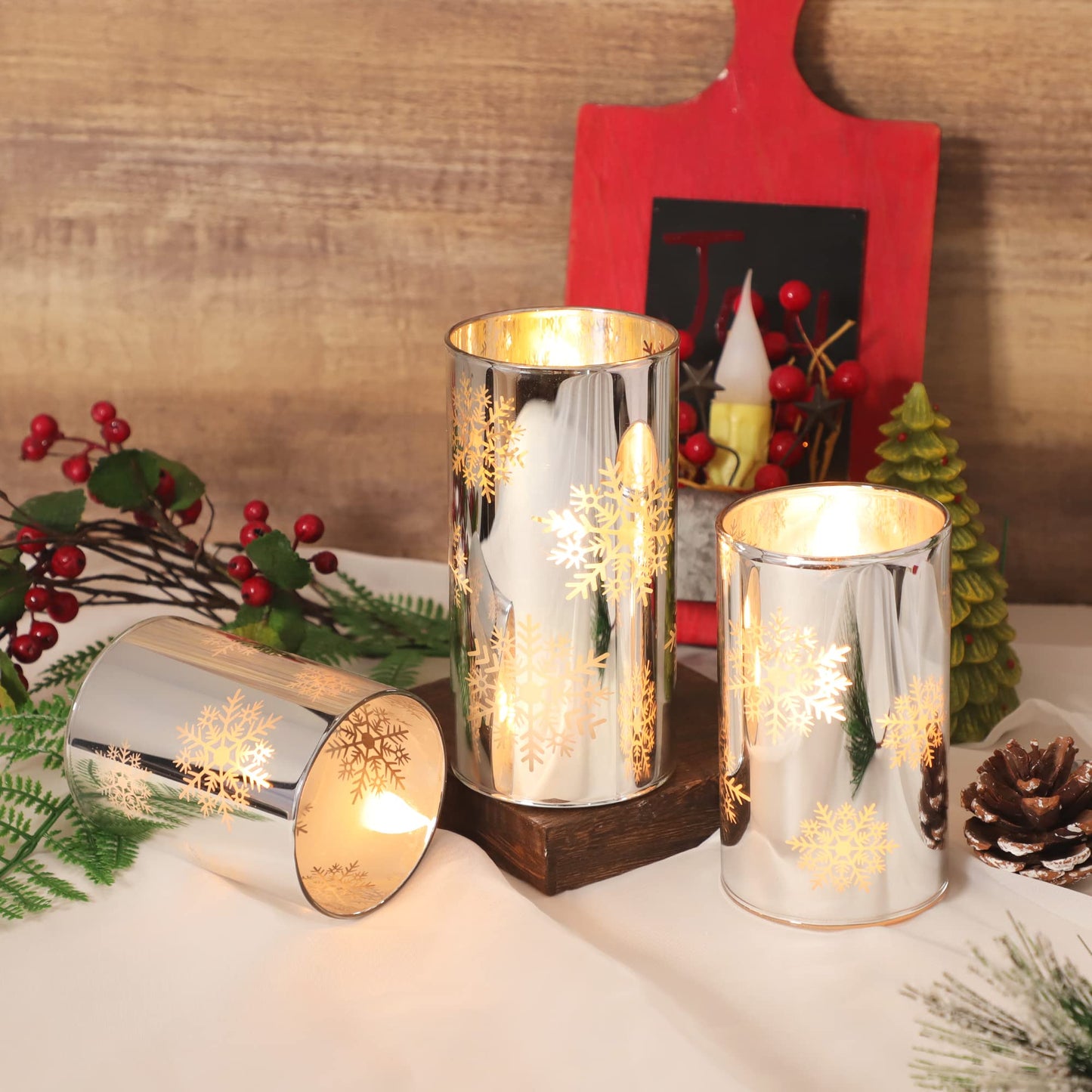 GORGE MOMENT Flameless Candles with Remote, Christmas Holiday LED Flickering Candles, Snowflake Candle Glass, Battery Operated, Xmas Gift Decorations Bathroom Home Party Decor [x3]