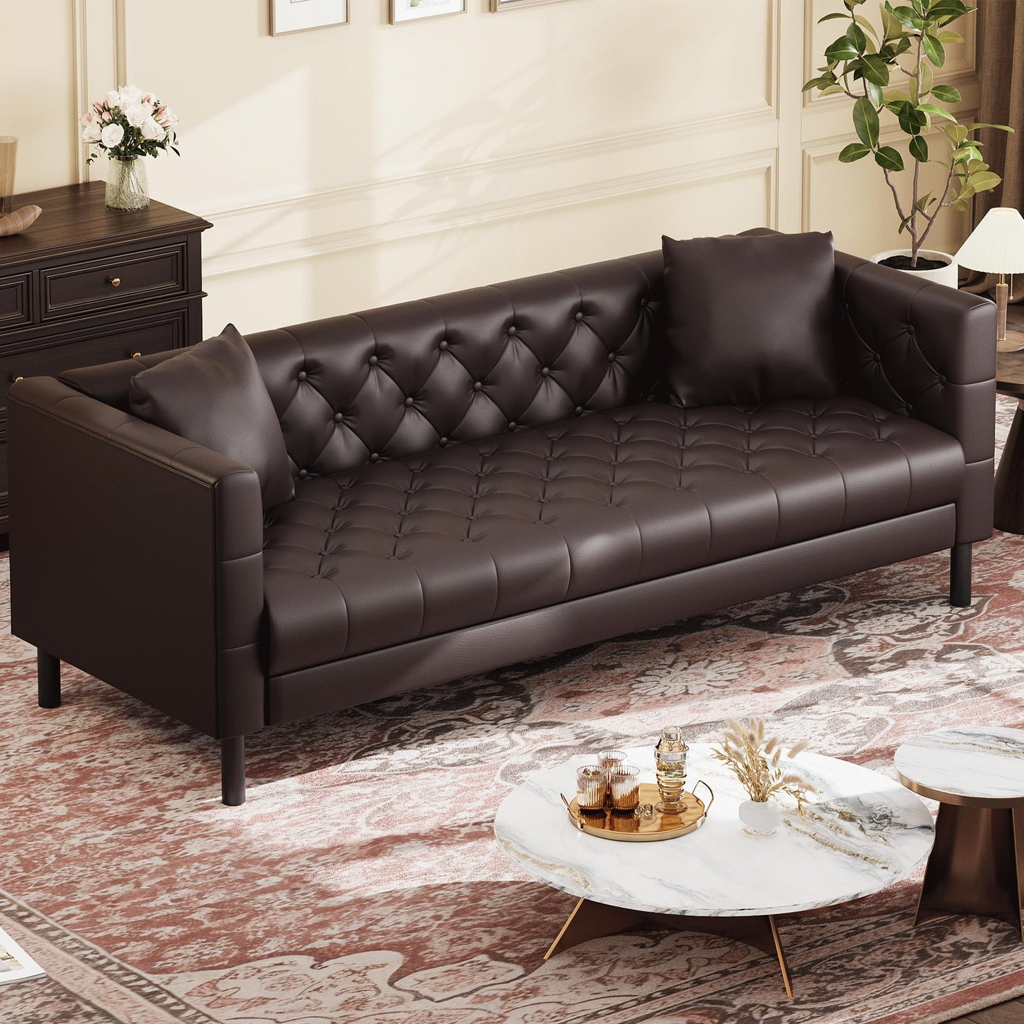 IDEALHOUSE Mid Century Modern Sofa 81 Inch – 3 Seater Faux Leather Couch with Tufted Back, Deep Seats and 2 Pillows, Apartment Sofa for Living Room, Dark Brown