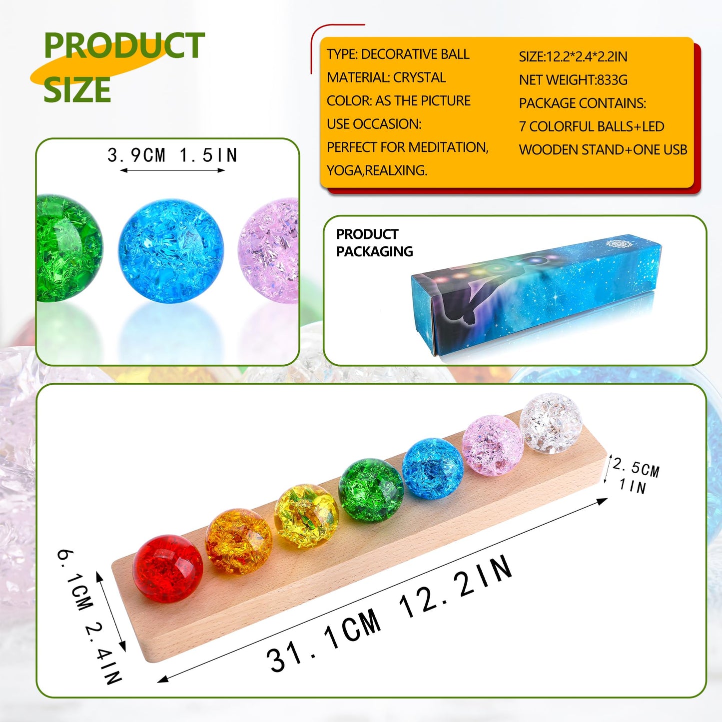 LOULIQIGIFT 7 Colors Ice Cracked Balls with LED Wooden Base 40mm Healing Sphere Balls Set Crystal Chakra Night Light Decor