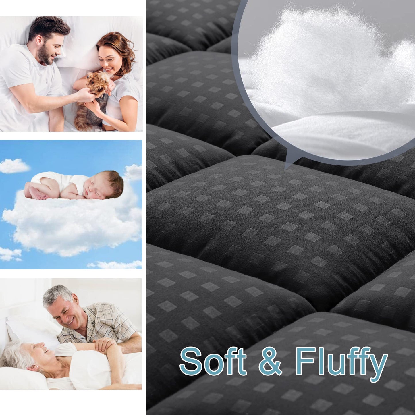 HYLEORY Queen Mattress Pad Quilted Fitted Mattress Protector Cooling Pillow Top Mattress Cover Breathable Fluffy Soft Mattress Topper with 8-21" Deep Pocket, Black