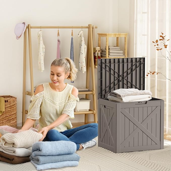 ROJIK Outdoor Storage Housing Deck Box - Waterproof Patio Furniture, Garden Tools, Cushions, Pool Accessories Storage Bench with Lockable Lid and Side Handles (Grey 38 Gal)