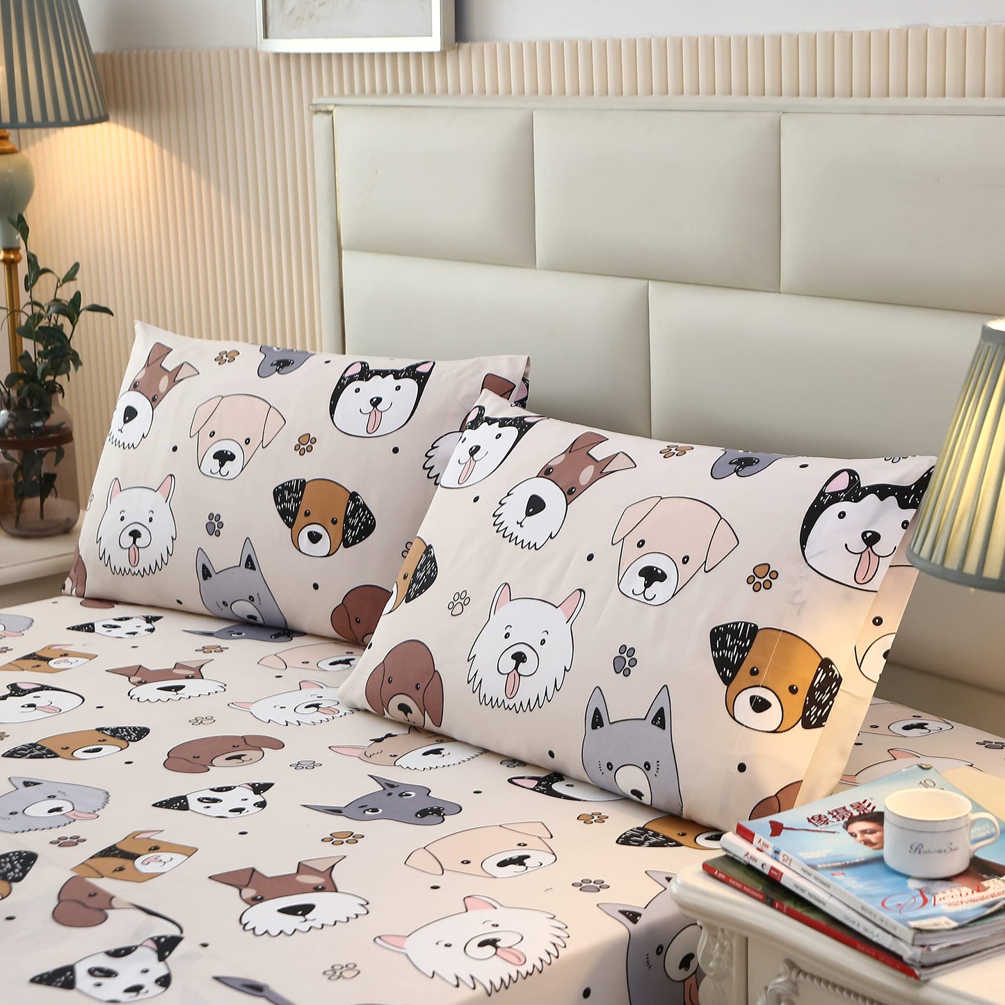 SDY 4 Pieces Dog Bedding Sheets Set Queen Size, Cute Puppy Pattern Sheet Sets with Deep Pocket, Kawaii Bedroom Decor for Kids, Teens, Children, Baby, Boys, Girls and Animal Lovers (Dog, Queen)