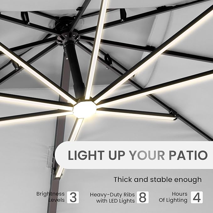 10 X 13 FT Cantilever Patio Umbrella with LED Lights Outdoor Heavy Duty Double Top Windproof Rectangle Offset Umbrellas with 360-degree Rotation for Pool Deck Backyard, Foggy Grey