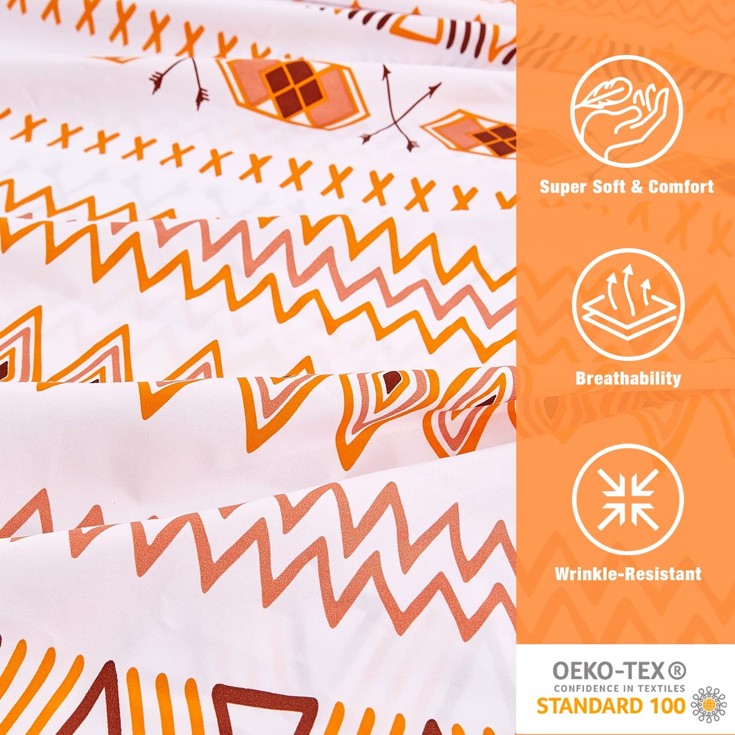 JSD Orange Boho Sheet Set Full Size, Soft Geometric Printed Microfiber Sheets Extra Deep Pocket Wrinkle Free