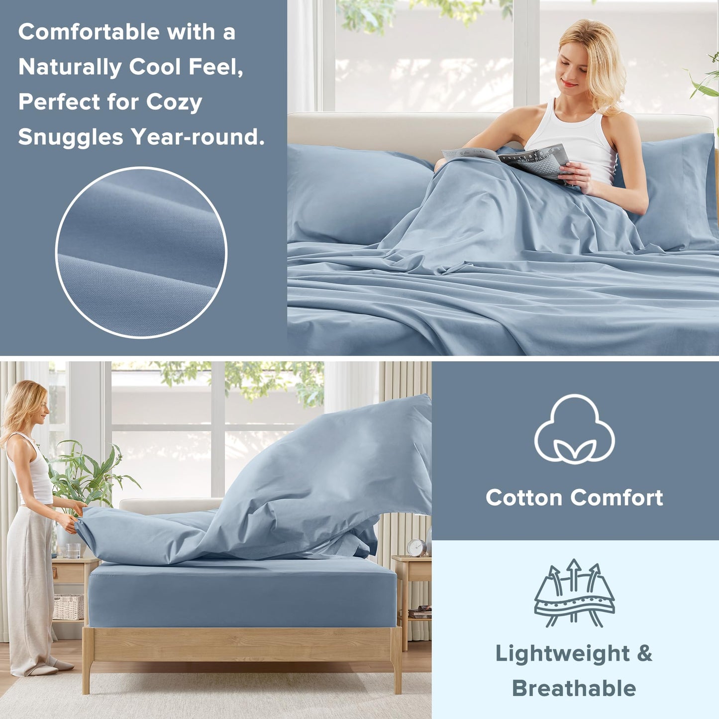 Comfort Spaces 100% Cotton Sheet Set Breathable, Lightweight, Soft with 14" Elastic Pocket Fits up to 16" Mattress, All Season Cozy Bedding, Matching Pillow Case, King Blue 4 Piece