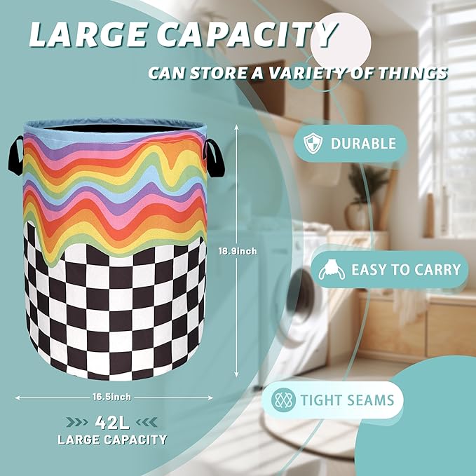 Rainbow Grey White Plaid Laundry Hamper Colorful Hippie Funny Laundry Basket