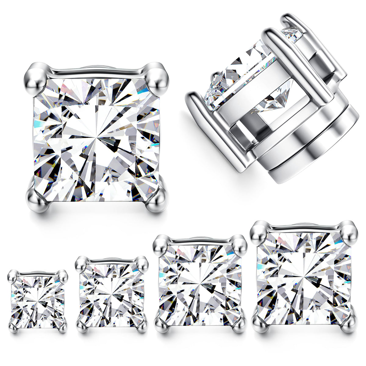 Jstyle 4-7MM Magnetic Earrings for Men Women Gold Square Cubic Zirconia Stud Earrings for Non-Pie