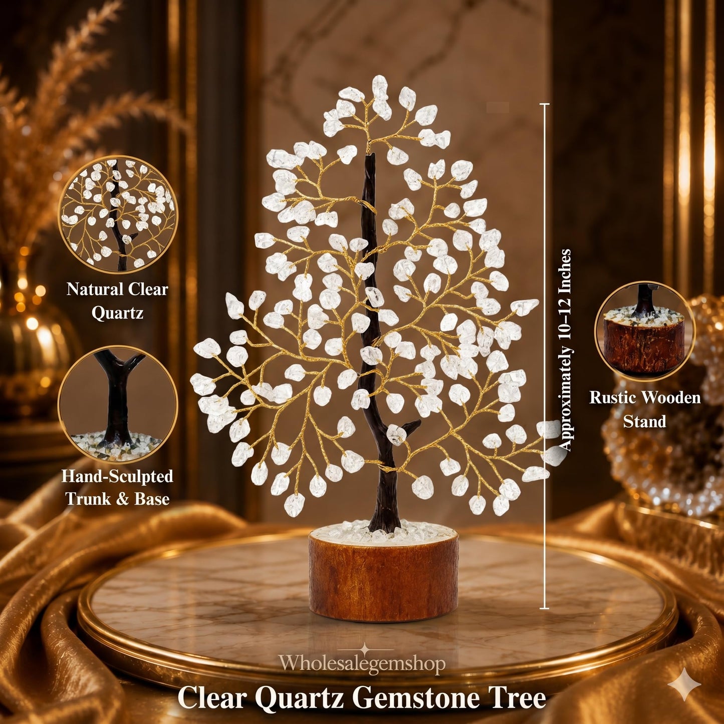 Gemscite Clear Quartz Gemstone Tree 10-12" Handmade Feng Shui Figurine Money Bonsai Good Luck Reiki Healing Crystals with Golden Wire Balancing Decoration for Table Room Decor Gift