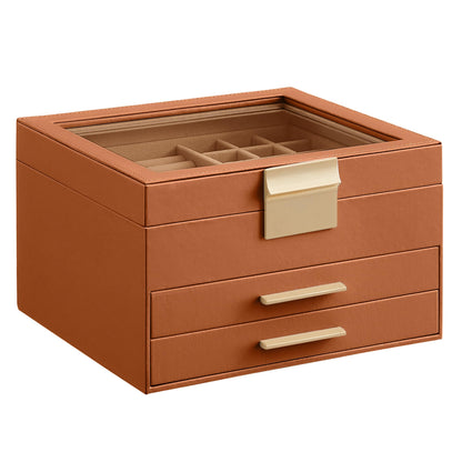 SONGMICS GISELLA Collection - Jewelry Box Organizer, 3-Layer Jewelry Storage with 2 Drawers, Shiny Metal Hardware, Glass Lid, Modern, 8 x 9.1 x 5.3 Inches, Caramel Brown and Gold Color UJBC239K01