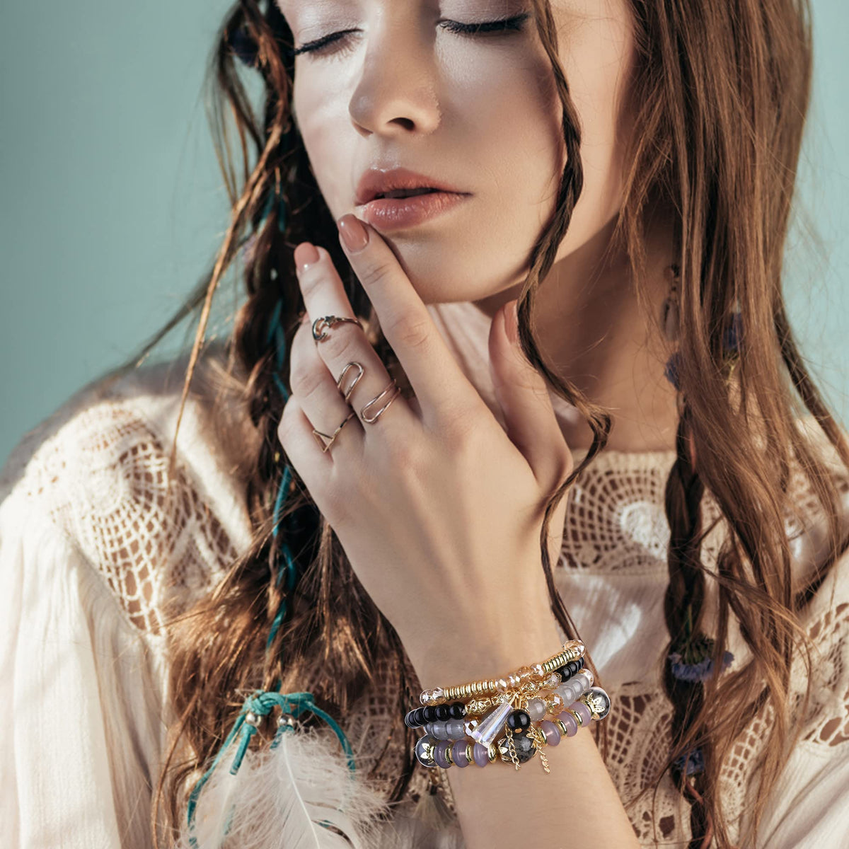 FIBO STEEL 6 Sets Bohemian Stackable Bead Bracelets for Women Stretch Multilayered Bracelet Set Multicolor Jewelry,Big Beads Elegant Style