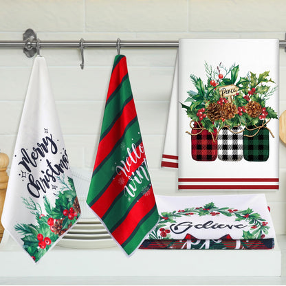 Kajaia 6 Pcs Christmas Kitchen Towels 15.8 x 23.6 Inch Xmas Holly Berry Dish Towels Absorbent Farmhouse Red Buffalo Plaid Truck Hand Tea Dishcloths for Christmas Winter Holiday Decor