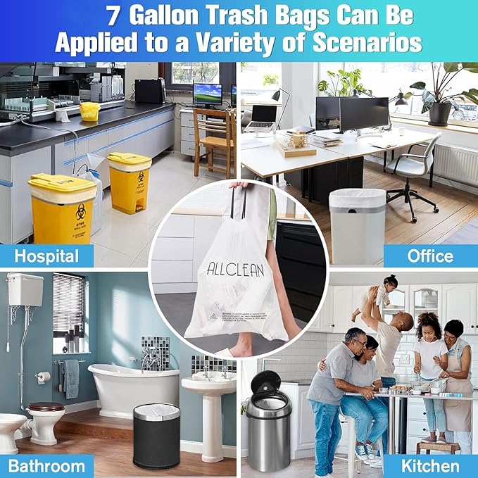 Trash Bags 7 Gallon Medium Kitchen Drawstring Bathroom Garbage Bags, Fit 7 Gal
