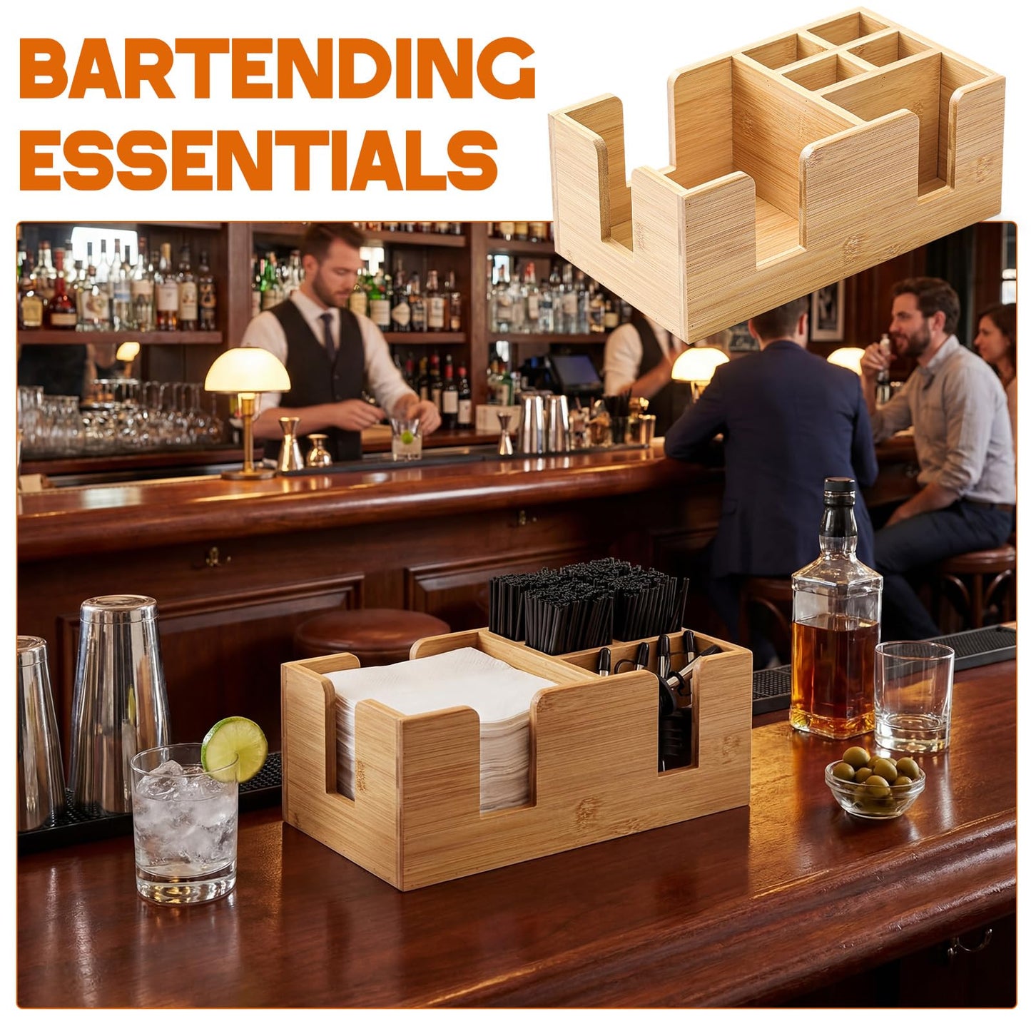 Mifoci Wooden Bar Caddy with 6 Compartments, Bamboo Bar Caddy Napkin & Straw Holder Organizer Cocktail Napkin Holder Condiments for Home Office Kitchen Countertop (Natural, 10.6 L x 5.5 W)