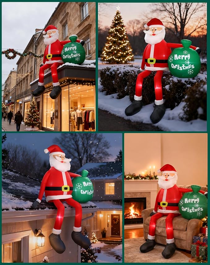 8 FT Christmas Inflatables Outdoor Decorations, Santa Claus with Gift Bag, LED Lighted Blow Up IP68 Weatherproof Sitting Santa Xmas Indoor Outdoor Decor for Yard Garden Lawn Mall Party Holiday