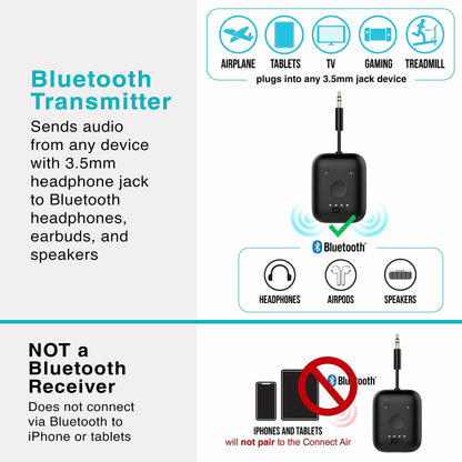 MEE Audio Connect Air in-Flight Bluetooth Wireless Audio Transmitter Adapter for up to 2 AirPods/Other Headphones; Works with All 3.5mm Aux Jacks on Airplanes, Gym Equipment, TVs, & Gaming Consoles