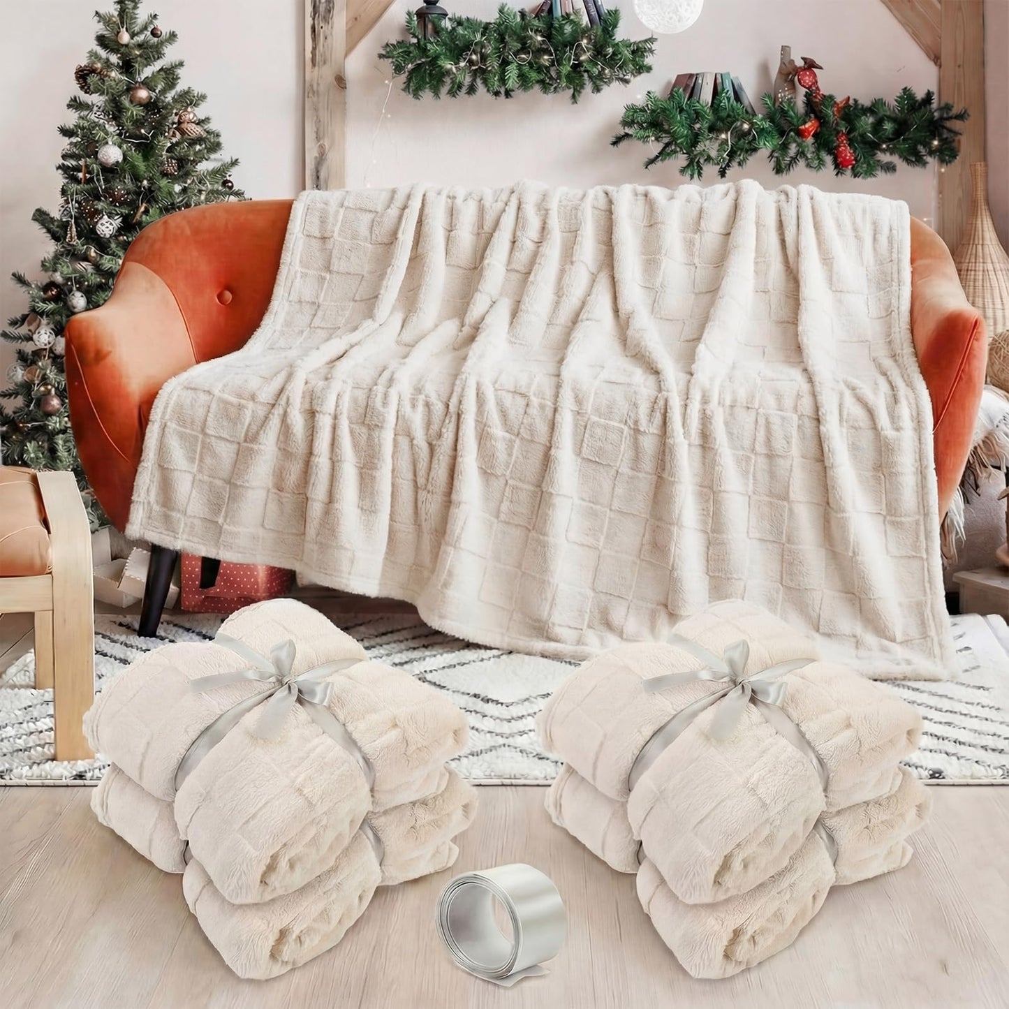 Windkream 4 Pcs Fleece Throw Blankets Bulk 60 x 80 Inch Warm 3D Checkered Flannel Blankets, Large Bedding Fleece Throws Lightweight Queen Size Fuzzy Blanket for Sofa Bed Couch Homeless Gifts