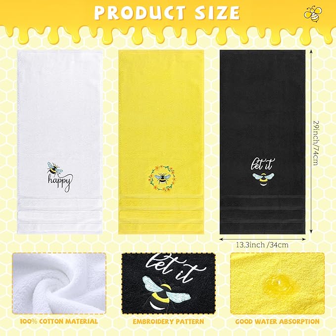 Bee Hand Towels Farmhouse Summer Yellow Bathroom Decor 14x29 Inch Embroidered