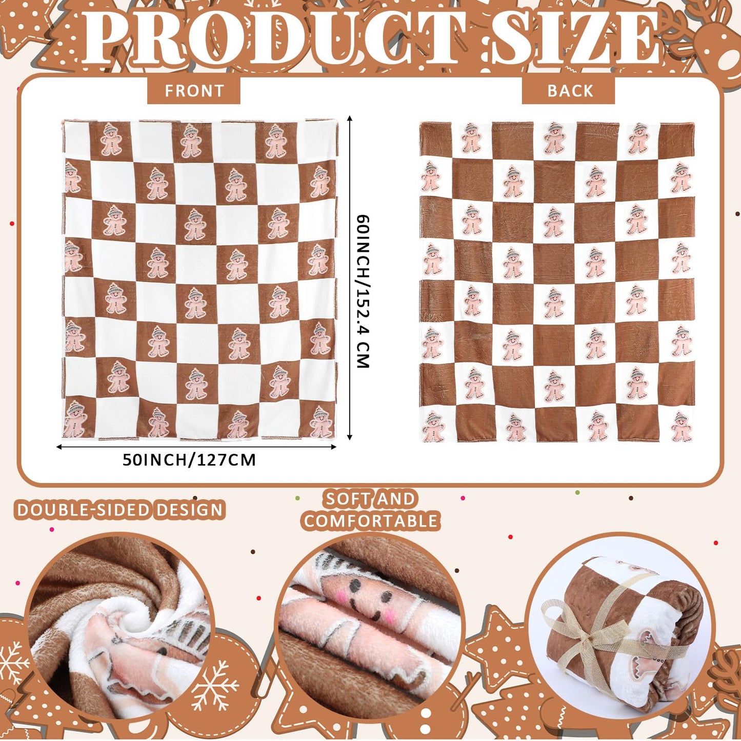 Tingjoo Christmas Gingerbread Man Throw Blanket Double Sided Xmas Fuzzy Blanket Brown White Cozy Soft Flannel Decor for Home Bed Sofa Couch Chair Xmas Gifts, 60 x 50 Inch (White Brown, Gingerbread)