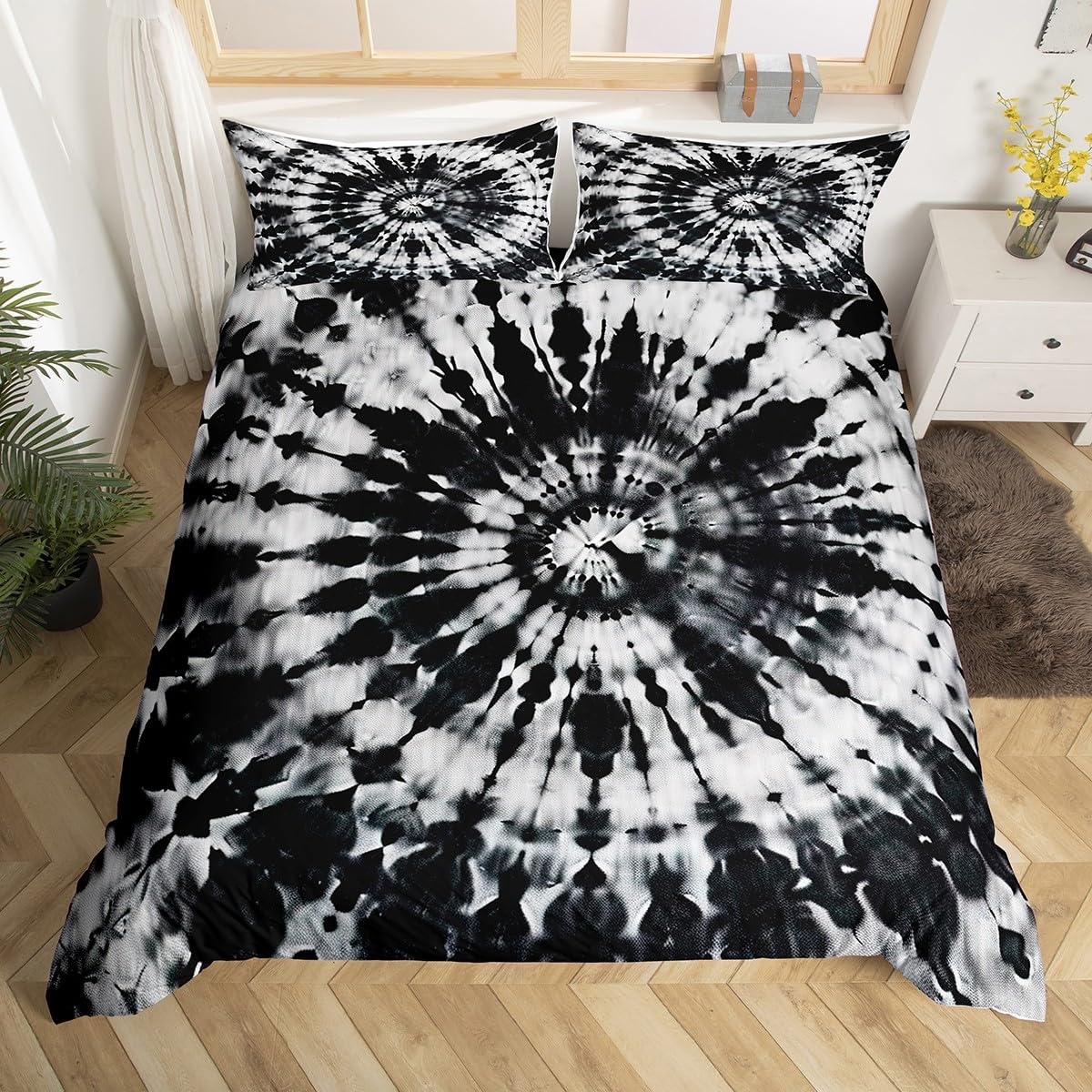 Tie-Dye Bedding Set Adult Women Black Abstract Swirl Hippie Theme Comforter Cover Spiral Tie-Dye Decor Bedspread Hippy Bohemian Gypsy Style Duvet Cover Soft Micorfiber Quilt Cover, Full Size