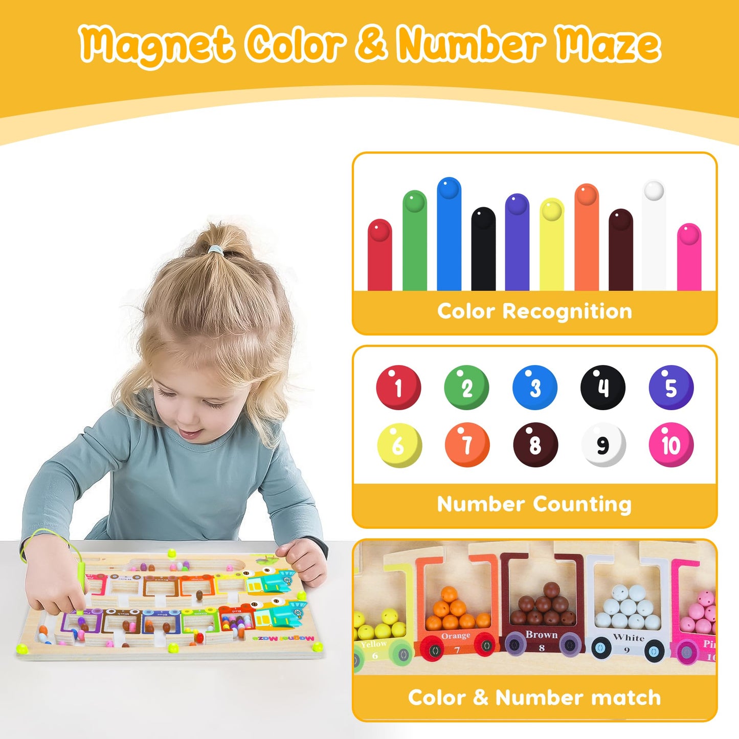 Pincush Magnetic Colour and Number Maze Montessori Wooden ToysCounting Matching GamesEducational Learning Toys for Preschoolers Gift for 3 4 5 6 7 Years Old Girls and Boys