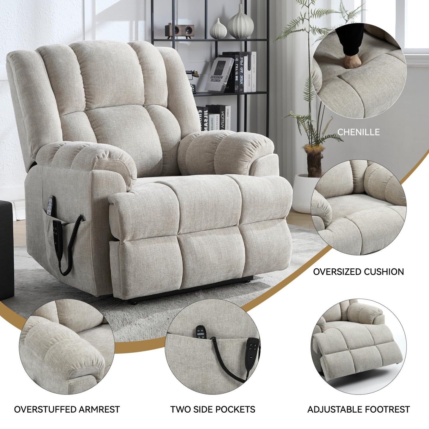 GDFStudio Dual Motor Power Lift Recliner Chair with Massage and Lumbar Heat, Heavy Duty Electric Reclining Chair with Remote Control, Supports Up to 350 LBS, Beige