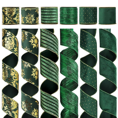HUIHUANG Christmas Ribbon Wired Green Velvet Christmas Tree Ribbon Green and Gold Wired Ribbons for X-mas Tree, Wreath, Garland, Bows, Home Decor (2-1/2" X 6 Rolls, 36 Yds Total)